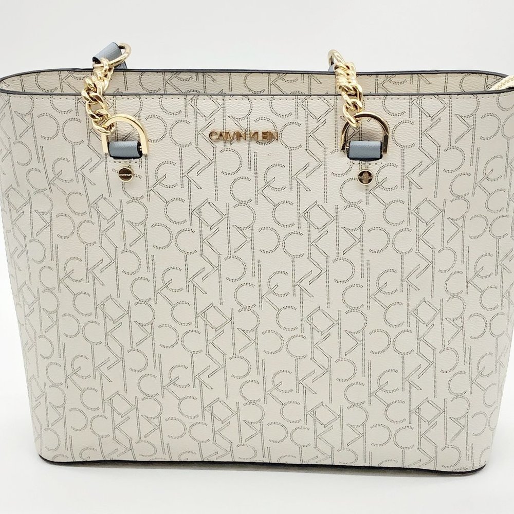 Calvin Klein monogram cream and pale blue Twilight tote purse handbag - Picture 5 of 14